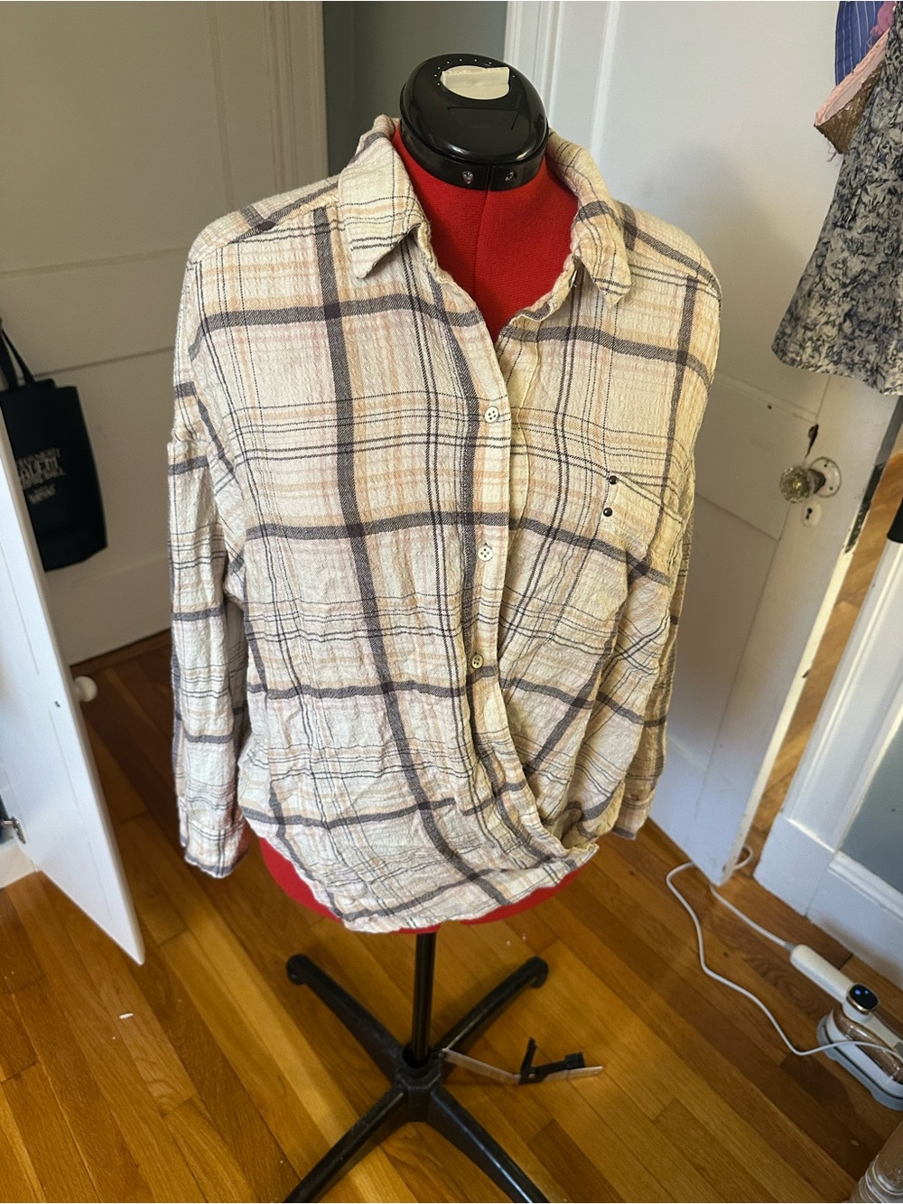 We The Free Neutral Plaid Lightweight Button Shirt